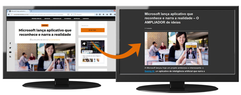 Dois monitores fazendo um comparativo. O da esquerda mostra o site sem o modo de leitura habilitado. O da direita mostra o modo leitor habilitado
