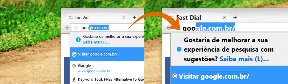 Comparativo: à esquerda a barra de endereço do Firefox com a fonte padrão e à direita com a fonte ampliada