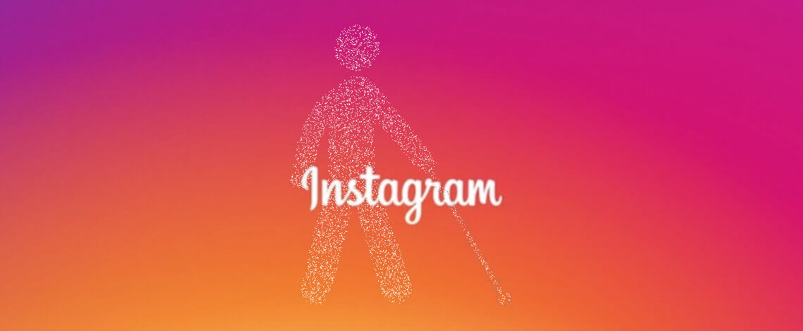 Logotipo do instagram no centro da imagem, em segundo plano ícone de pessoa com deficiência visual formado por pequenos pontos brancos